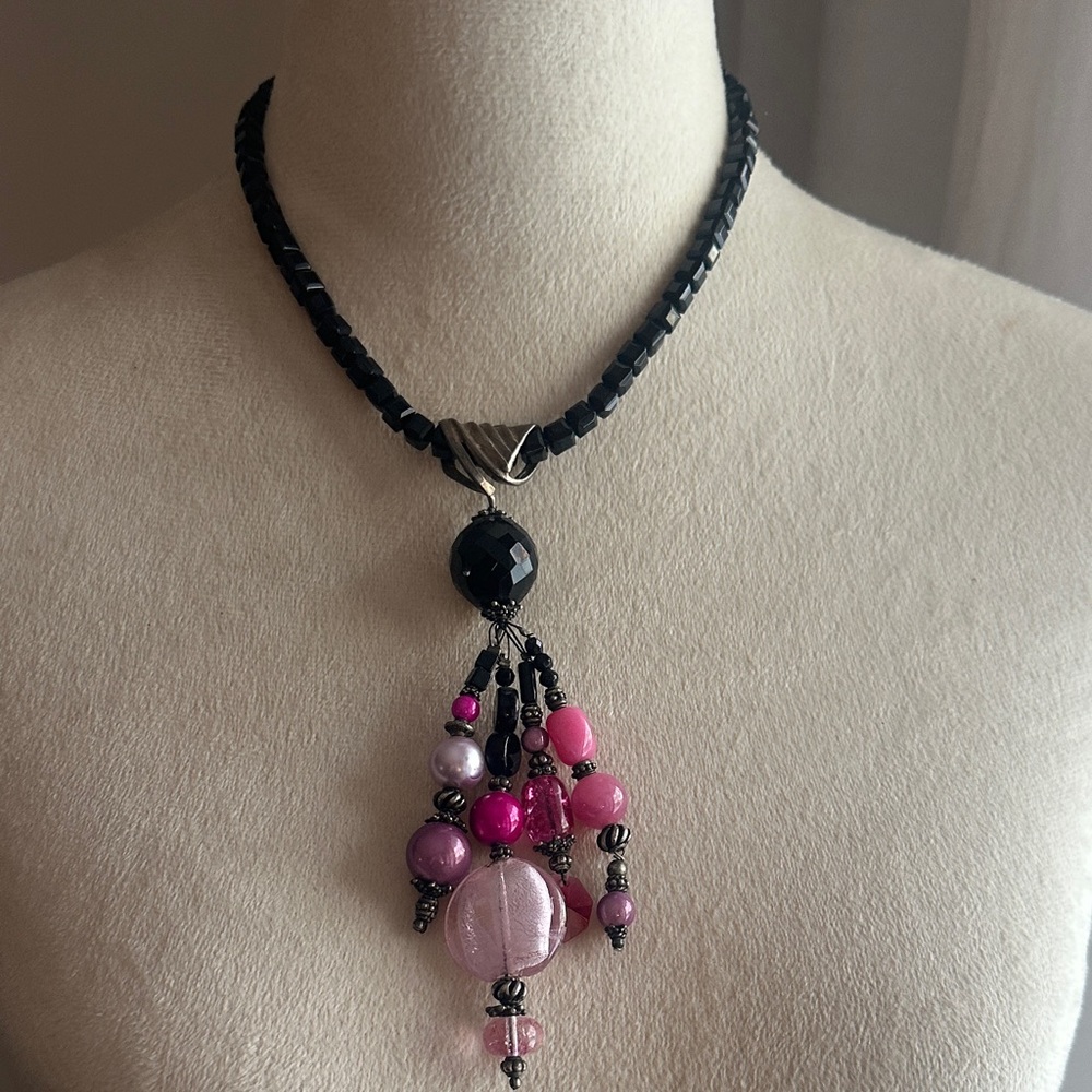 Maximalist Black Glass and Pink Beaded Large Oversized Pendant Necklace